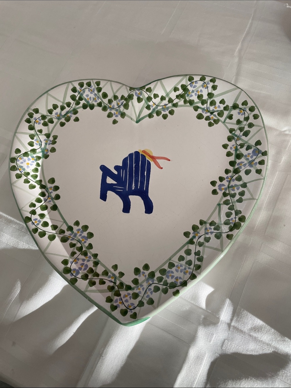 Hand-Painted Heart Glass Tray with Blue Chair. Great accent to table or can hang